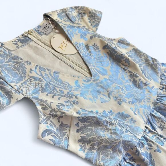 NWT Xenia Boutique Blue Damask Mini Dress V-Neck Fit & Flare -‎ Size 2 - Picture 3 of 8